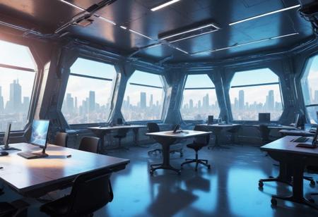 futuristic classroom, cyberpunk equipments; bright and cozy; large & crystal clear windows