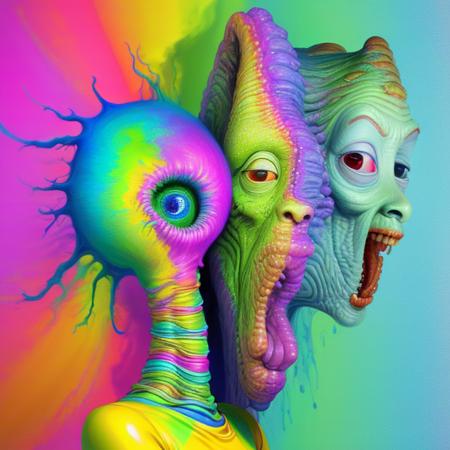 A perfect photorealistic jaw dropping image of a (Show me what you got creature from Rick and Morty)(anamorphic)::(trompe l’oeil) digital art in the jaw dropping (RAINBOWPATCH) STYLE BY (goosebumps art by tim jacobus:1.23):(3D BEEPLE STYLE:0.333):(COLORFULSURREALISM):(SURREALISM:0.2) BY(Dr.Suess::ALEX GREY)! 8 k, 32 k, HDR