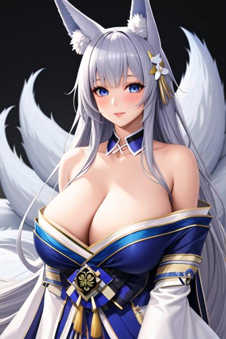 1girl, animal ear fluff, animal ears, bangs, bare shoulders, blue collar, blue eyes, blue kimono, blush, breasts, cleavage, collar, collarbone, detached collar, fox ears, fox girl, fox tail, grey hair, hair ornament, hand up, huge breasts, japanese clothes, kimono, kitsune, kyuubi, large breasts, long hair, looking at viewer, multiple tails, off shoulder, shinano \(azur lane\), simple background, solo, tail, very long hair, white background, white tail, wide sleeves,(masterpiece:1.4),(best quality:1.4),(shiny skin),realistic