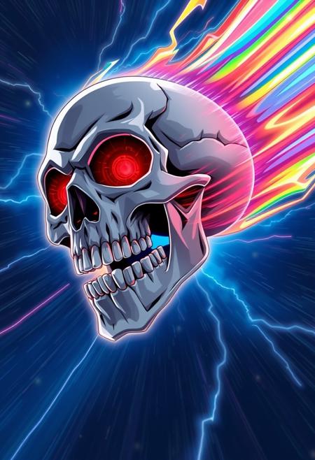 "Create an anime-style image of a massive, spectral skull flying through the air at incredible velocity, leaving behind a trail of vibrant, rainbow-colored light trails that streak across the sky like a comet's tail. The skull's mouth is agape, revealing a dark, abyssal void within, while its two eyes blaze with an otherworldly energy, their red irises spiraling inward like black holes. The skull's flight is accompanied by a shockwave of distorted air and space-time, with stars and galaxies blurring and rippling in its wake. The background is a deep, electric blue, with lightning-fast streaks of light and energy radiating outward from the skull. The image should be rendered in a dynamic, high-energy style, with bold lines, vibrant colors, and a sense of frenetic, cosmic chaos. Think 'Dragon Ball Z' meets 'Neon Genesis Evangelion'."