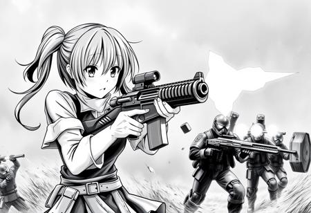 black and white painting of an anime girl holding a machine gun firing at enemy