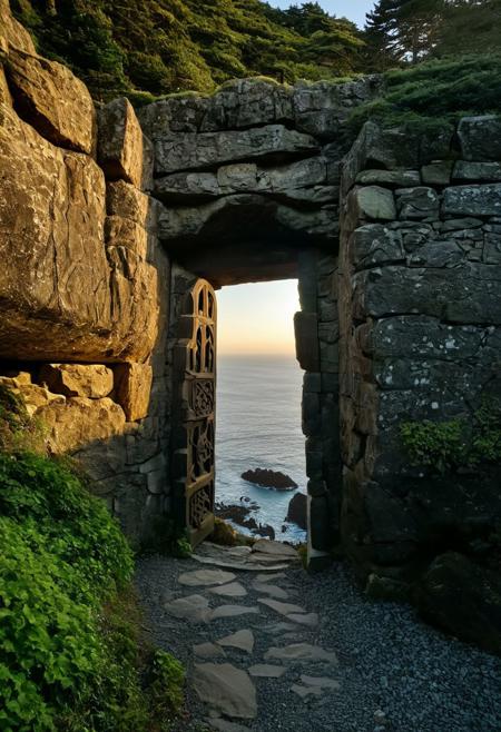 raw photo, (closeup) (wideshot) a sunset landscape, PNW coast, forested cliffs, overlooking oregon ocean across cove , cozy, photorealistic, newly built Towering Stone gateway entry into dark the side of rocky mountain cliff face, (dwarven: 1.39), high fantasy style, high detailed texture, 8k uhd, dslr, soft lighting, high quality, film grain, Fujifilm XT3, Sony A7 IV, highly detailed photography, (muted colors, cinematic, dim colors, soothing tones:1.2), vibrant, insanely detailed, hyperdetailed, (dark shot:1.2), (vsco:0.3), (intricate details:0.9), (hdr, hyperdetailed:1.2) (highest coherency: 1.39) (highest quality: 1.39) (rule-of-thirds) (award-winning) (masterclass) (highest resolution: 1.39) (castle architecture built into cliff: 0.69) (protruding from hillside) (rounded doorway) (glowing elven celtic knot designs) (carved from the rock: 1.49) (red banners)