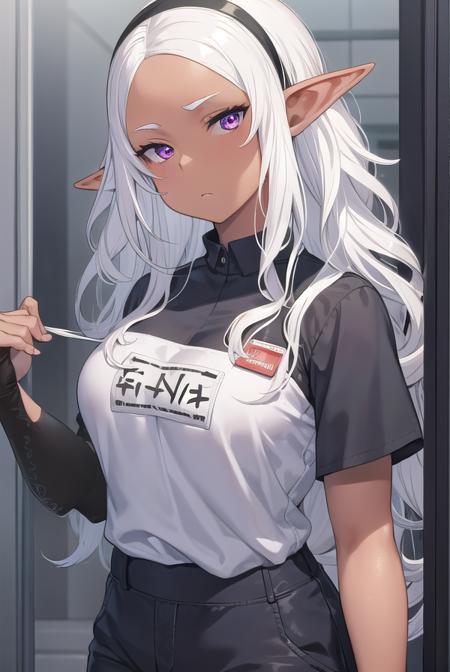 kuroeda, long hair, hairband, dark skin, dark-skinned female, white hair, (red eyes:1.3), (forehead:1.2), elf, pointy ears, short sleeves, hairband, pants, uniform, name tag, employee uniform,