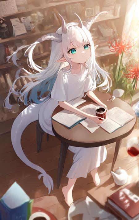 1girl, solo, 
wings, spider lily, flower, pointy ears, tail, dragon tail, dynamic angle, white dress, long skirt, barefoot, dragon tail, dragon horns, dragon wings, cafe, depth of field, table.
In a quaint café imbued with the aroma of fresh coffee, a beguiling young maiden sits, her presence an ethereal blend of fantasy and modernity. Draped in a stylish jacket, T-shirt, and skirt that flirt with the contours of today's fashion, she is not just any patron. From her back sprout dragon wings, unfurled yet at peace, and a dragon tail that coils elegantly around her chair. In her delicate hands, she cradles a bunch of lycoris flowers, their vibrant hue a poetic contrast to her enigmatic aura.t and a bookshelf full of various books, Nearby, one can see a cup placed on a table.
masterpiece, best quality, absurdres, recent, newest, safe, sensitive