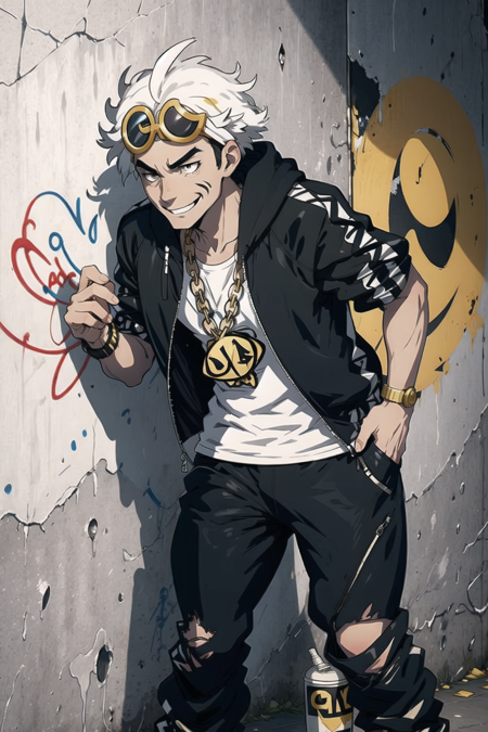 masterpiece, best quality, <lora:GuzmaLora:0.7>, guzma \(pokemon\), smile, slouching, white shirt, black jacket, hoodie, black pants, gold chain, graffiti, concrete, standing, slouch, bent over,