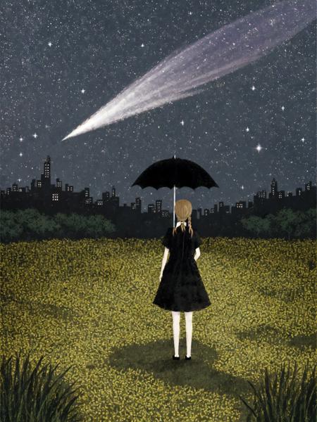 SerenityStyle,  1girl, solo, long hair, blonde hair, dress, holding, twintails, standing, braid, flower, outdoors, sky, from behind, black dress, twin braids, night, umbrella, moon, building, star (sky), night sky, scenery, starry sky, holding umbrella, city, facing away, field, shooting star , <lora:SerenityStyle:0.7>