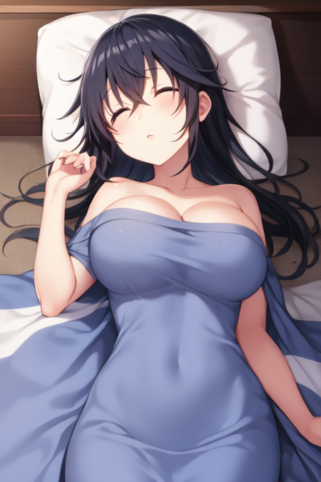 tamakiako, 1girl, solo, sleeping, blanket, lying, on back, large breasts