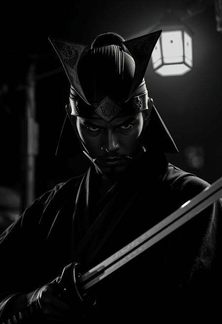 Intense jet black monochrome photograph: A modern-day samurai, sharp facial features, dark eyes, stands under a streetlamp, katana reflecting car lights. Painterly textures, chiaroscuro lighting, dramatic composition, urban noir atmosphere, expressive realism.