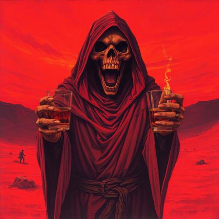 Dark art depicting a cloaked ominous monk from the 70s-style pulp painting, standing in a psychedelic red desert clutching a glass of whiskey screaming agressively with a twisted expression on his skeletal face, his jaw is grotesquely wide open, The sky is red and otherworldy. Duotone: Burnt orange and deep plum. Mood: Occult ritual meets 80's crinkled concert poster art style. Grim reaper, doom metal-style, gritty, desert ritual, screamo