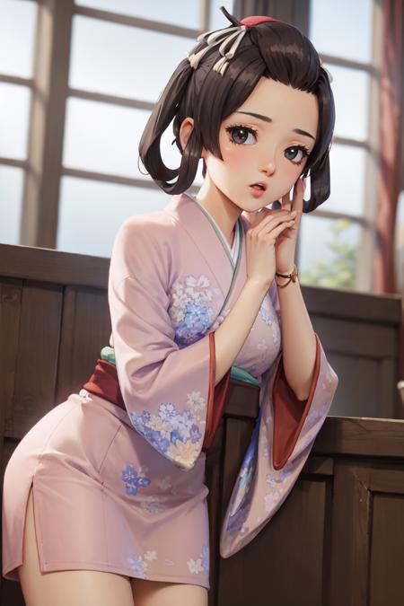 (masterpiece, best quality:1.2), <lora:gaa_susato-10:0.8>, cowboy shot, solo, 1girl, susato mikotoba, \:o, looking at viewer, hand on own face, floral print, japanese clothes, pink kimono