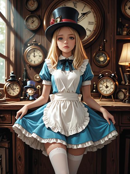 UnderlandAlice,  Score 9, Score 8, Score 7, Masterpiece, High Quality, Good Quality, Latest Model, High Resolution, alice in wonderland, blonde hair, short blue dress, white apron, white thighhighs, BREAK Mad Hatter, top hat, clocks, tattered, fantasy horror, studio ghibli nightmare, neil gaiman aesthetic, soft shadows, cinematic lighting, masterpiece