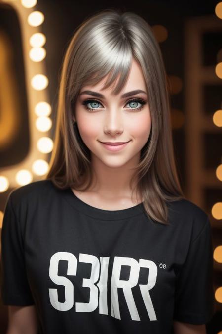 'p3x3ls style photo', adult, perfect skin, female, portrait, upper body, smile, detailed eyes, wearing a 'blackr shirt with a silver print', golden 'bulb light in the background'