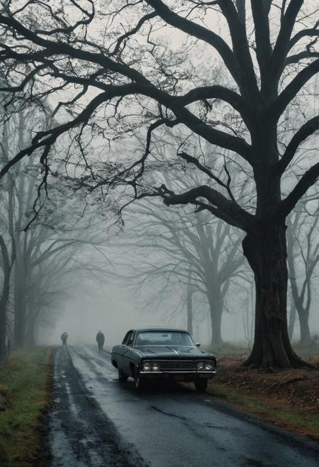 Capture the serene beauty of early morning mist enveloping a wet muddy road, with a vintage car parked nearby. A man in a (dapper suit:1.2) and (classic hat:1.3) stands under a (majestic tree:1.1), as the sun peeks through the fog. Emphasize (cinematic frames:1.4), soft lighting, and (dreamy atmosphere:1.2). Inspired by the works of (Gregory Crewdson:1.5) and (Andreas Gursky:1.3).