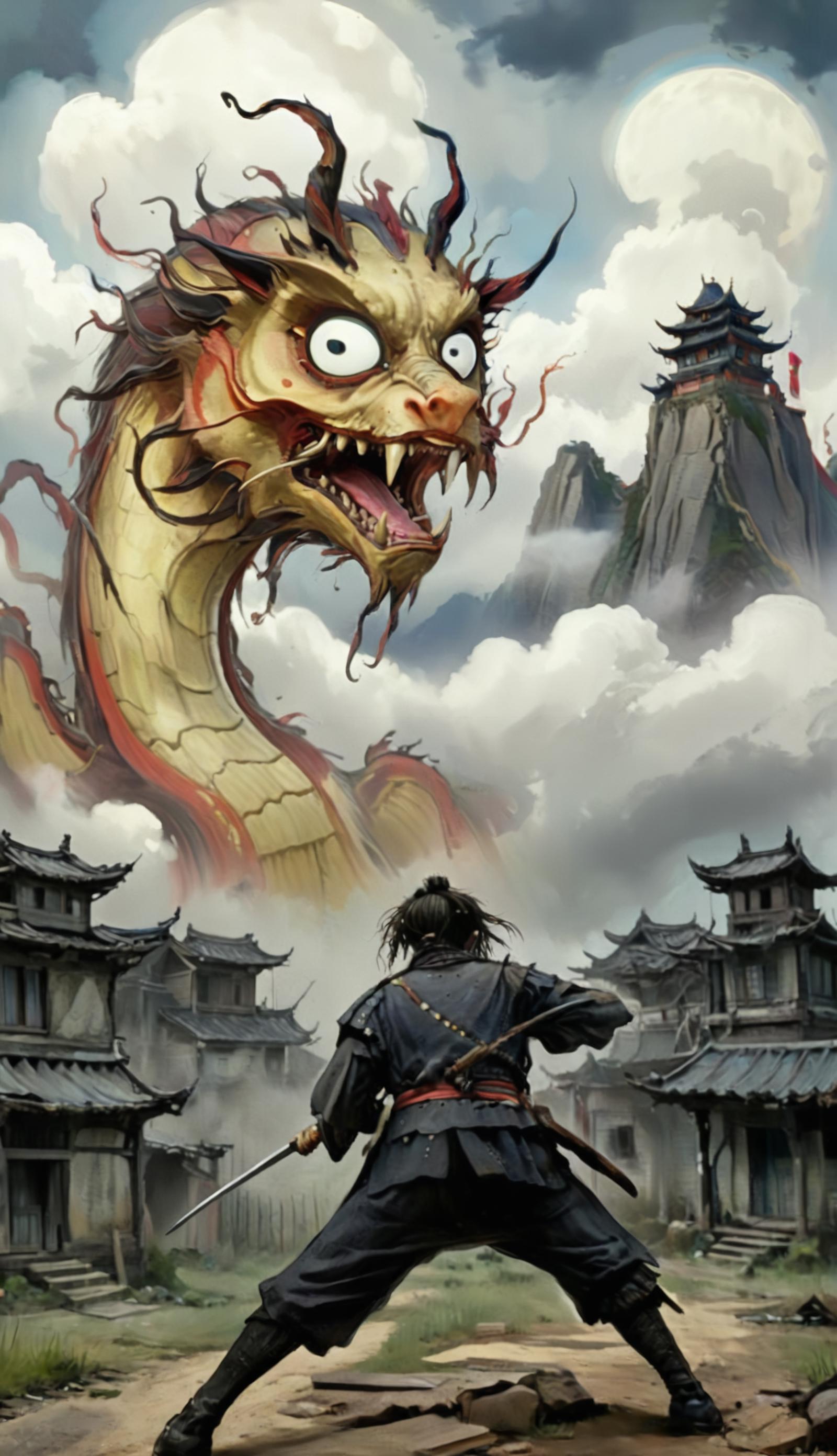 A man facing a giant dragon in a fantasy scene
