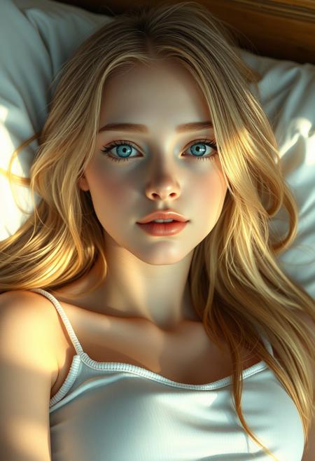 masterpiece, best quality, ultra-detailed, high resolution, digital painting, cinematic lighting, soft shading, perfect anatomy, sharp focus, beautiful face portrait orientation, 8k resolution, symmetrical composition, depth of field, glowing light, subsurface scattering, vibrant colors 
A breathtaking hyperrealistic-style girl with long flowing golden glowing sunlit blonde hair, soft blue eyes, flawless glowing skin, long eyelashes, A breathtaking anime-style girl with long flowing blonde hair, soft blue eyes, flawless glowing skin, wearing a light, sleeveless white top or dress, calm and serene expression, delicate and elegant facial features, relaxed body language, calm and serene expression, delicate and elegant features, soft curves, intrepid gaze, perfectly glossed soft pink lips, gorgeous small medium breasts, 
Lying peacefully on a soft white bed with crisp sheets, gentle natural light filtering in, slight shadows adding depth to her form, subtle warmth in the lighting, cozy and intimate atmosphere, background blurred to keep focus on her