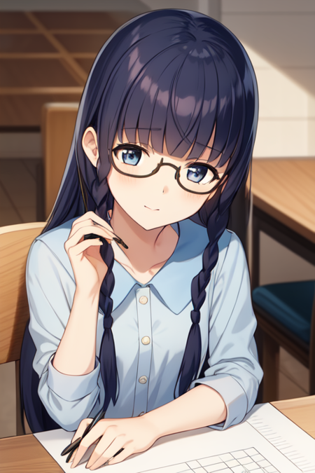 shimazakisetsuna, glasses, blunt bangs, twin braids, 1girl, solo, drawing, holding pencil