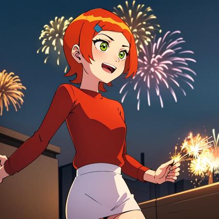 gwentennyson,short hair,rooftop bridge,sweater dress,upper body,red sweater,(zettai ryouiki:1.1025),dynamic dress,new year celebration,:d,(fireworks:1.1025)