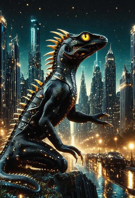 masterpiece, best quality, very aesthetic, absurdres,(score_9, score_8_up, score_7_up), createconcept, addmicrodetails, RetroBG, epic background, nightsky cityscape landscapes with black and gold palting, a metallic mechanical black and gold (lizard), glowing eyes, vivid eye color, (beautiful eyes:1.2), (gradient iris, crisp iris edges), confident pose, action dynamic pose, lazypos