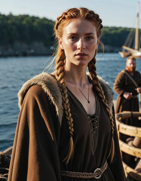 RAW full body image of a gorgeous 25 years old Gorgeous Viking Woman auburn haired, braided hair, <lora:NordicByNature:0.8>,Baltic Viking Merchant, A strong and independent Viking woman, dressed in rich furs and embroidered tunics, negotiating trade with Baltic merchants. She is standing at a bustling harbor, surrounded by longships and crates of precious goods, with the cold sea wind whipping through her blonde braids.,high quality, film grain, Fujifilm XT3, 8k uhd, dslr, film grain, kodak tri-x 400 film, grain photo DOF, faint lighting, dynamic angle, cinematic, Depth of field, bokeh, best quality, cinematic, light particles, highly_detailed, very_aesthetic, golden hour, beautiful_and_aesthetic clear focus, high resolution image, (soft naural light), (rembrandt light), (soft shadows) ,Sexy pose, erotic pose, exhibitionism,
