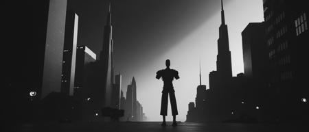 <lora:21MovingMeditations:1>meditation scene: a black and white photo of a person standing in front of a city