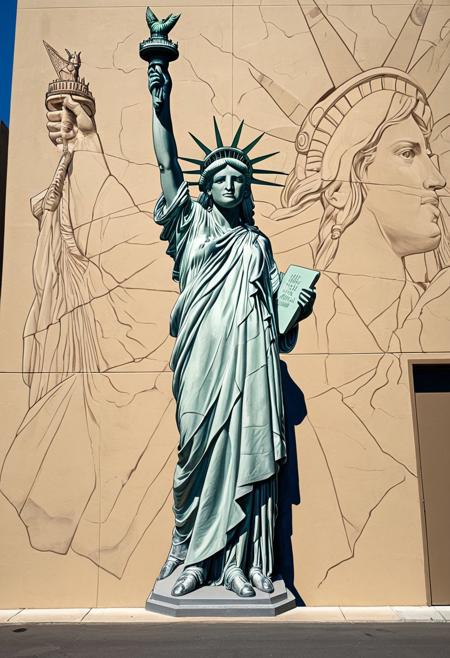 masterpiece art, tall highrise housing, the projects highrise, front view of beige color flat concrete wall with (colossal mural painted on wall:2.0), (hyper realistic painting of the Statue of Liberty also known as Lady Liberty:2.0), she is standing tall, wearing a her famous robe with beatiful intricate creases, though this image of her has been modified with alterations, she has black gaffer tape or black duct tape covering her eyes (see no evil), she has placed her beautiful hands with elegant fingers covering her ears on either side of head (hear no evil), she has black gaffer tape or black duct tape covering her mouth so she cannot speak (speak no evil), 2 feet visble, she has dropped the torch and the torch has fallen outside of the wall and onto the street below, the famous Liberty torch with a short handle is lying on it's side on the ground, surrounding the fallen torch are cracks in the street, with long shadows casted. ArsMJStyle, Colored pencil hyperdetailed realism, in the style of tim doyle