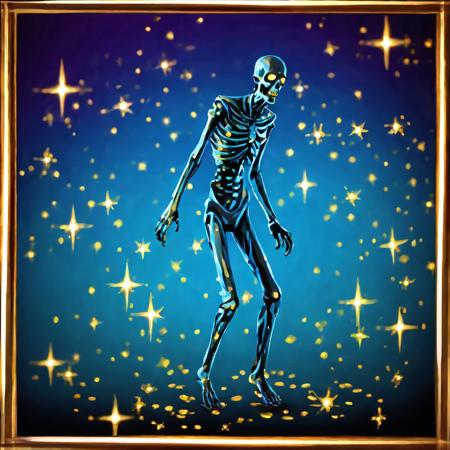 Black to purpure gradient background, side view, full body, no human, zombie moving, azure fog, golden frame, golden stars, magic, casting spell