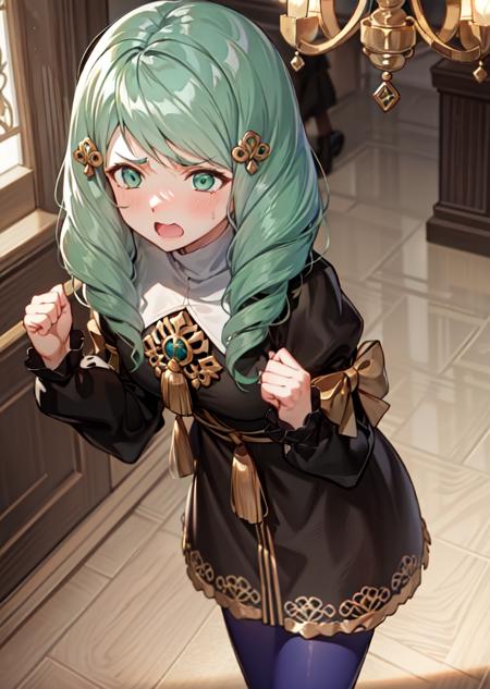 masterpiece, best quality, flayn, hair ornaments, black dress, blue pantyhose, furrowed brow, annoyed, open mouth, clenched fists, arms to side, grand hall, chandelier, from above <lora:flayn-nvwls-v1-000012:0.9>