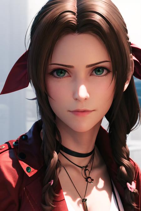 ff7r style,

1girl, solo, realistic, green eyes, brown hair, long hair, blurry, looking at viewer, red jacket, jewelry, blurry background, necklace, choker, jacket, portrait, lips, ribbon, hair ribbon, bow, nose, closed mouth

, ((masterpiece))
<lora:ff7:0.7>