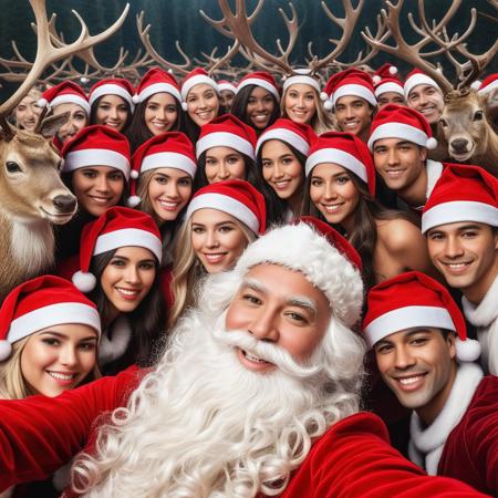 Selfie with several Santa reindeer with Santa in the center of the image