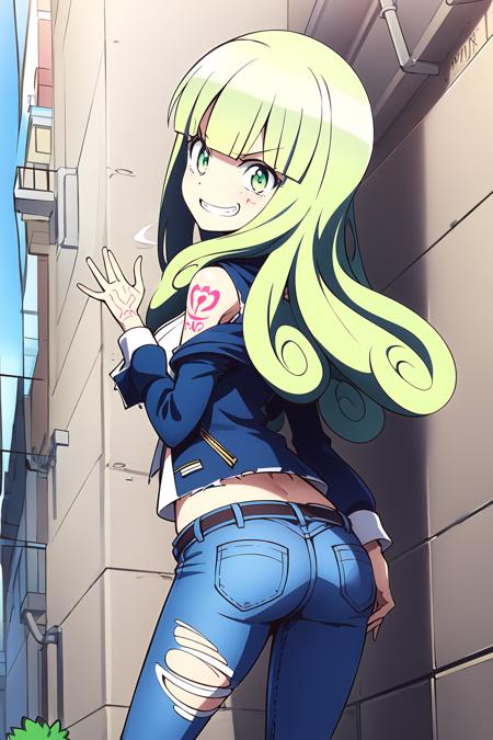 masterpiece, highly detailed, 1girl, best quality, poporon \(jashin-chan dropkick\), long green hair, medium breasts, punk outfit, tattoo, angry eyes, grin, jacket, jeans, torn clothes, back alley, graffiti