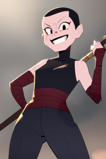 masterpiece, best quality, <lora:cassandra_jones:0.7> 1girl, solo, smile, scythe, grin, weapon, over shoulder, weapon over shoulder, evil smile, black eyes, dark skin, bald, black hair, looking at viewer, black shirt, black pants, red bandages,