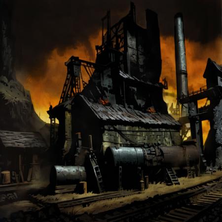 portrait, impressionistic painting by John Longstaff, DarkestDungeon, DDAreaNone, (thatch hut, shipwreck), idol, stone statue, cave, blue sky, sewer grate), wood barrels, metal barrels, metal chimneys, powerlines, power pylons, mountain in the background, distant radio tower, (HL2 beta, Half-Life 2 concept art, trainstation, razor train, grey-brown cloudy sky, dark clouds, orange-red sunlight coming through detailed clouds, evening sunlight coming through glass roof, smokestacks set against the sky, minehead, mining equipment, oil pumps, technology, furnace, pistons), (extremely dark), masterpiece, best quality, cinematic composition, vibrant, best lighting