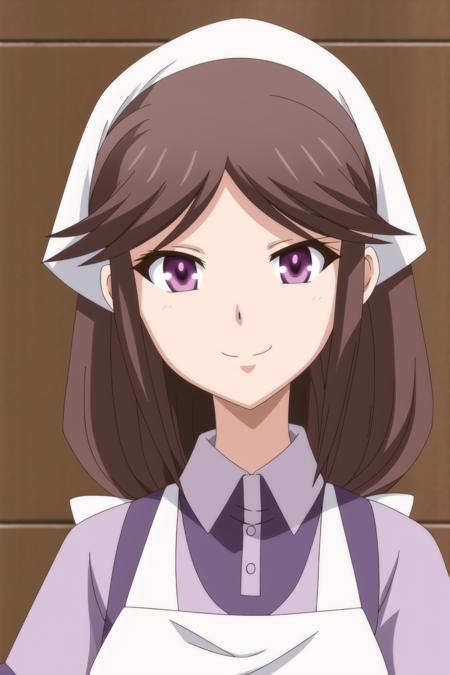 luine, anime art style, 1girl, solo, long_hair, smile, brown_hair, brown_eyes, purple_eyes, apron, head_scarf, anime_coloring