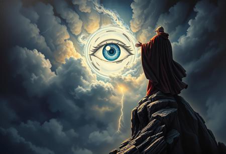 A dark fantasy illustration portraying a robed sorcerer standing atop a craggy cliff, summoning a massive, glowing eye symbol in the storm-filled sky above. The scene is rendered in intricate detail, with swirling clouds, crackling lightning, and a dramatic interplay of light and shadow adding to the awe-inspiring intensity.
( oil painting art style, monet style, monet style, painting, palette knives painting, impasto painting, canvas texture, (( Oil painting effect )), oil painting brush, oil painting style, brush stroke, monet style, oil painting detailers ), canvas, brush, palette, pigment, oil, varnish, texture, impasto, glazing, underpainting, still life, Renaissance, Baroque, Impressionism, modern art, contemporary art, fine art, visual art, and art history., ( simmering, sparkling, splendid, ultra-detailed, 4K, depth of field, high resolution, (( Masterpiece, best quality )), sharp focus, highly detailed, ultra high resolution, perfect fingers, ) ., midjourney style