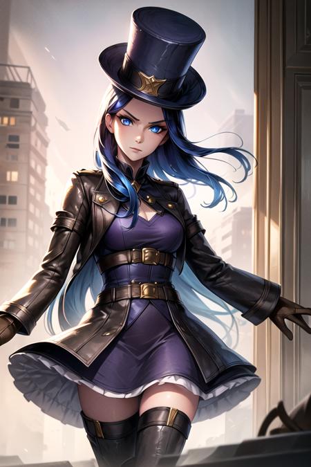 portrait shot of caitlynlol, 1girl, solo, blue eyes, blue hair, long hair, purple top hat, purple dress, purple leggings, brown knee boots, brown gloves, (detailed face), city background, <lora:caitlynlolv2:0.6>,  <lora:more_details:0.5>