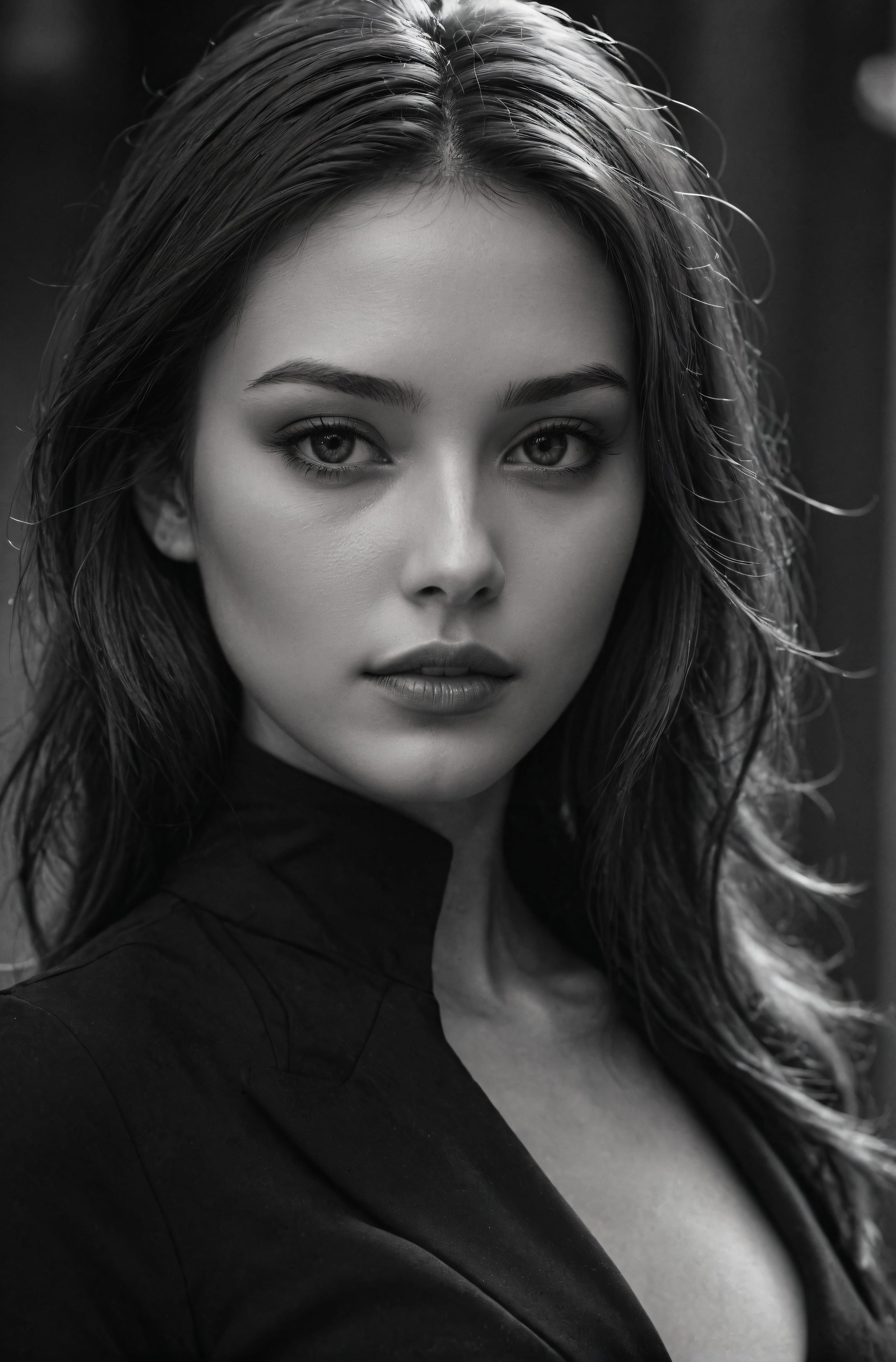 1girl, beautiful, smooth skin, greyscale, noir, close-up, black clothes