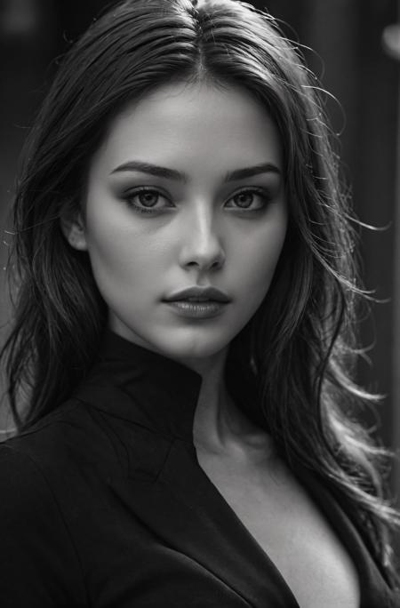 1girl, beautiful, smooth skin, greyscale, noir, close-up, black clothes