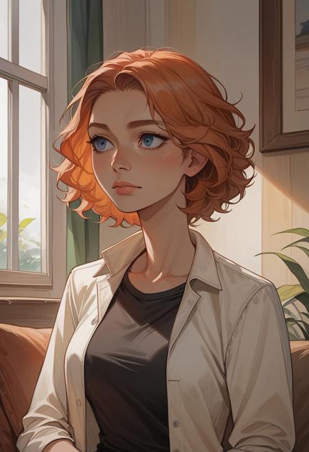 melissaSDXL, 1girl, blue eyes, shirt, jacket, short hair, orange hair, black shirt, curly hair, white jacket, pink skirt., score_9_up, score_8_up, score_7_up 1girl, female focus, solo, source_anime, detailed image, high quality detailed, (long shot, room background), UHD, beautiful art UHD, room background. (head, torso and thighs), thick eyebrows, thick lips, Expressiveh, watercolor \(medium\), traditional media,