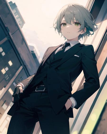 (masterpiece, best quality),(((from below, depth of field, dutch angle, green lighting))), floating hair, 1boy, solo, formal, hand in pocket, suit, black gloves, building, looking at viewer, black necktie, fingerless gloves, white shirt, city, outdoors, black jacket, belt, black pants, collared shirt, brown eyes, standing, long sleeves, grey hair, cityscape, open jacket, cowboy shot, skyscraper, black suit, night, pant suit, short hair