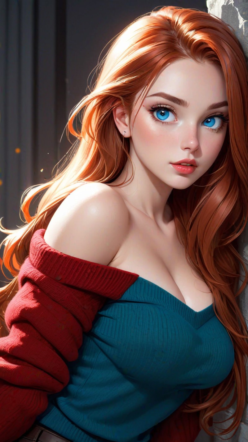 (1girl, solo, masterpiece, 8k, HDR,), ginger girl, 
character concept art of a beautiful woman leaning over, red sweater f...