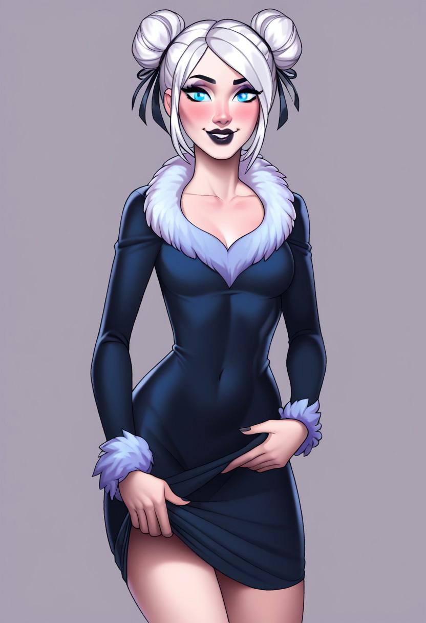 score_9, score_8_up, score_7_up, masterpiece, best quality, detailed face, detailed eyes, BREAK 1girl, slim, delicate features, sensual glare, smile, pale skin tone,  blue eyes, makeup, dark lipstick, regal dressing, fur trimmed black dress, white hair with two buns, (hands down), BREAK half-sideways view, medium shot, BREAK simple background