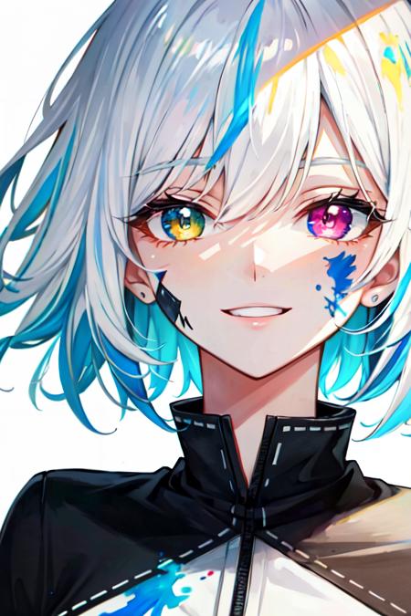 1girl, bangs, barcode, barcode_tattoo, black_jacket, blue_hair, body_writing, chain, cross_earrings, ear_piercing, earrings, eyebrows_visible_through_hair, facepaint, facial_mark, facial_tattoo, heart_tattoo, heterochromia, jewelry, looking_at_viewer, multicolored_hair, neck_tattoo, piercing, short_hair, simple_background, smile, solo, tattoo, white_background, white_hair