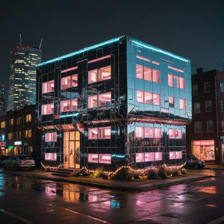 A giant, chrome-plated cassette tape house stands in a neon-lit cityscape. The windows glow with pixelated lights, and flying cars zoom past.