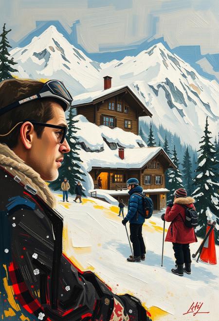 A high-society ski lodge scene, but the snowy peaks and chalet are painted in jagged, exaggerated strokes, expressive portraiture, painterly abstraction, emotional realism, fauvist color palette, gestural brushwork, rural symbolism, psychological atmosphere, simplified forms, muted and vibrant tones, introspective figures, spontaneous composition, contemporary expressionism, pastoral themes, intuitive linework, minimal background detail, spiritual undertones, dreamlike distortion, narrative ambiguity, human vulnerability, poetic emotion