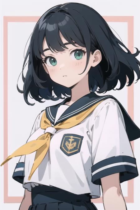 (finely best quality illustration:1.2), (kawaii girl:1.0), (1girl, solo:1.0), (black hair:1.0), (green eyes:0.8), (school uniform:1.0), (upper body:0.8), (ultra-detailed, highres:1.0),