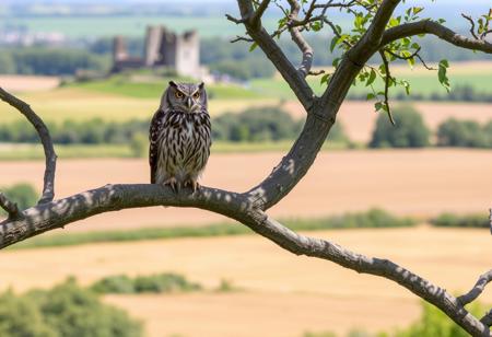 owl, looking bored, on a branch, daylight, high in a tree, plain fields in the background, rural ireland, summer, lots of green vegetation, castle ruin in the background,