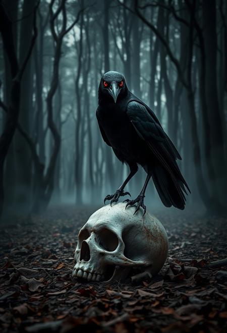 a dark and spooky scene of a scary crow with red eyes perched on a skull on the ground in a dense forest. The forest is filled with tall, dark trees with twisted branches. The ground is covered with dry leaves. There is a mist surrounding the forest, adding to the eerie atmosphere.