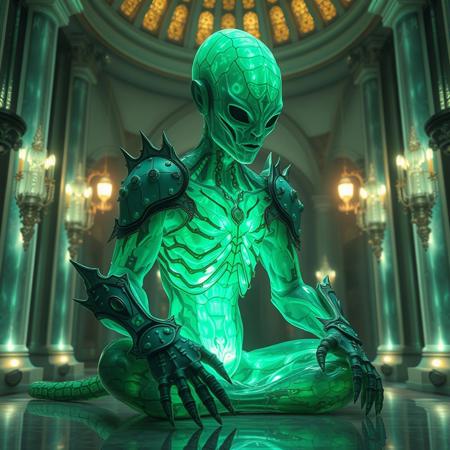 Masterpiece 4 protozoa/humanoid, bioluminescence translucent  body, with no ears and no nose, 32k, 16k, 8k, masterpiece, cinematic art, Kaiju bioluminescence translucent armor, sitting in a bioluminescence translucent cathedral,