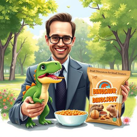 Create a bright and funny promotional illustration for dinosaur food that should look like a real photo. The painting depicts a man in a stylish business suit smiling as he feeds a small dinosaur the size of a cat. The dinosaur looks friendly and playful, with bright colors and cute facial features. Around them is a green park with trees and flowers, creating an atmosphere of joy and comfort. In the background, you can add a package of dinosaur food with a bright logo and slogan, emphasizing that this food is an ideal choice for small dinosaurs. It is important that all the elements of the image look realistic, as if it were a real photograph."