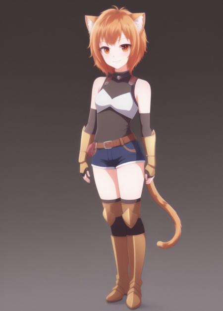 <lora:Loa:1.0>, Loa, 1girl, animal ears, armor, armored boots, bare shoulders, belt, black background, black thighhighs, blush, boots, breasts, brown eyes, brown hair, cat ears, cat tail, closed mouth, fingerless gloves, full body, gloves, grey footwear, grey thighhighs, leotard, looking at viewer, orange hair, short hair, short shorts, shorts, simple background, sleeveless, small breasts, smile, solo, standing, tail, thighhighs, yellow leotard